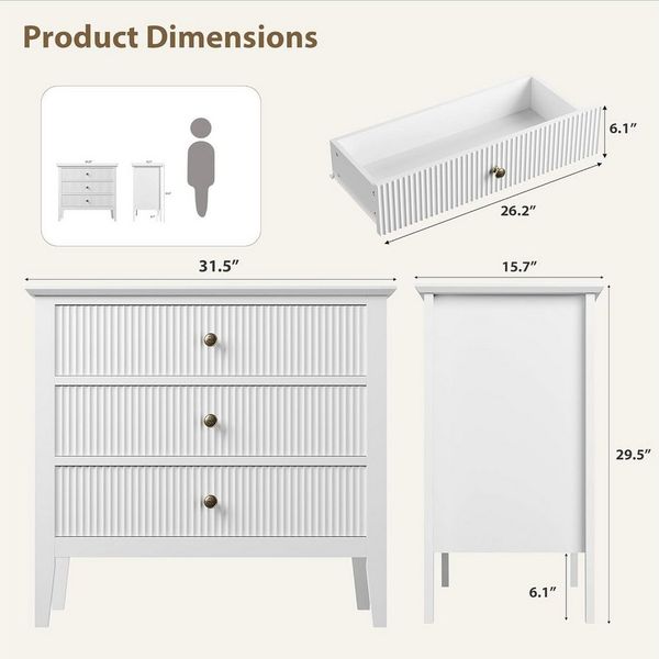 GarveeMore Kommode mit 3 Schubladen,Holzkommode mit geriffeltem Design, mit Metallbeinen und Kippschutz-Set für Schlafzimmer oder Wohnzimmer