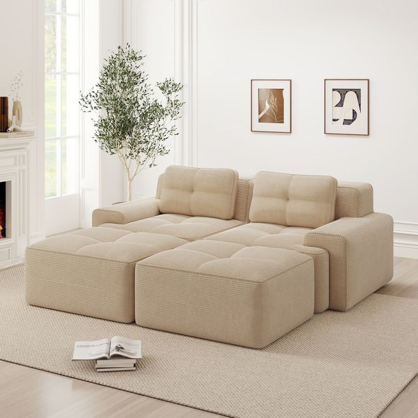 Cloud Modulsofa Boneless U-förmiges Sofa,bequemes Corduroy-Cloud-Sofa Modulares Sofa mit Ottoman Modulares Zweisitzer-Sofa 2-Sitzer Sofa mit Tiefem Sitz für Wohnzimmer Montagefreies Sofa,Corduroy,Beige,