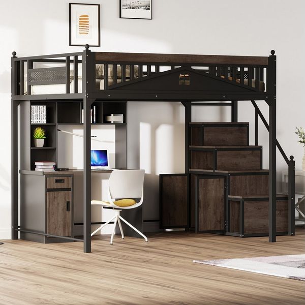 Odikalo Hochbett Jugendbett Kletterleiter Metallbett Spinden Schreibtisch Regal 140x200