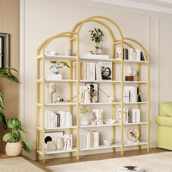Regal aus MDF & Metall, 170x26x190 cm, 5 Ebenen, wolkenförmiges Design, Weiß-Gold