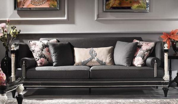 Casa Padrino Luxus Barock Sofa Schwarz / Grau / Silber / Antik Gold 250 x 95 x H. 80 cm - Prunkvolles Wohnzimmer Sofa im Barockstil