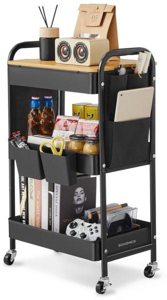 Songmics Rollwagen, Küchenwagen, 3 Metallgitterablagen, Servierwagen, 2 abnehmbare Hängebehälter, 2 Organizer, für Büro, Küche Wohnzimmer, Badezimmer,