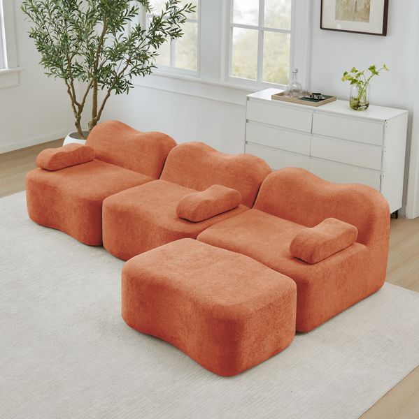 Ecksofa modular 70cm×288cm×167cm in Orange – 3-Sitzer Wohnzimmersofa aus Samt mit Ottoman und tiefer Sitzfläche