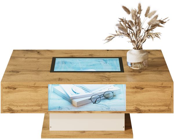 Couchtisch, Wohnzimmertisch mit farbwechselndem LED-Licht, mit Glas, Beistelltisch mit zwei Schubladen