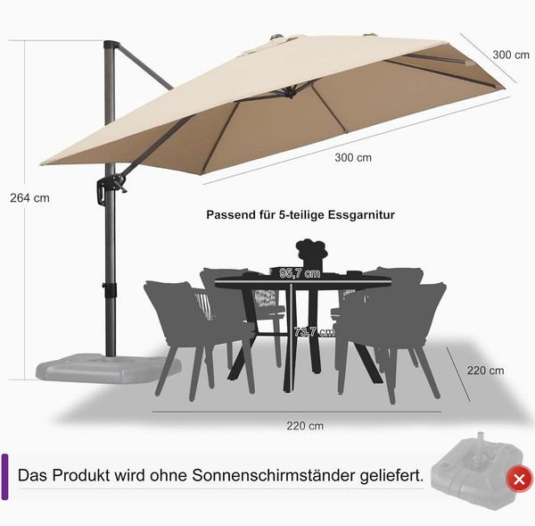 PURPLE LEAF Sonnenschirm Quadratischer Terrassenschirm, Alu Balkonschirm, Groß Ampelschirm, LxB: 300,00x300,00 cm, 360°Rotation, Sonnenschutz UV50+, für Garten, Terrasse, Pool