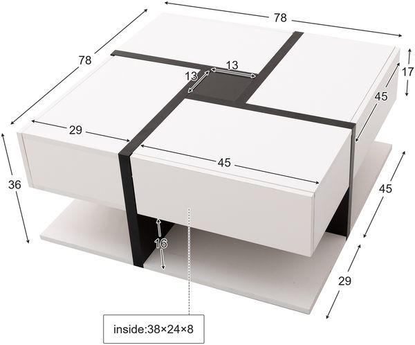 Couchtisch, Hochglanz mit 4 Schubladen & Ablage, 78x78x36 cm, Weiß/Schwarz Bild 10