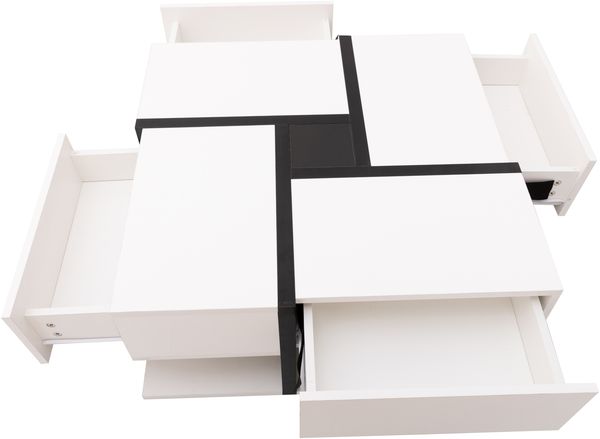Couchtisch, Hochglanz mit 4 Schubladen & Ablage, 78x78x36 cm, Weiß/Schwarz Bild 6
