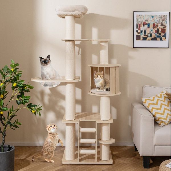 COSTWAY Kratzbaum, Katzenbaum, Katzenmöbel, mit Höhle, Sitzplatz & Leiter