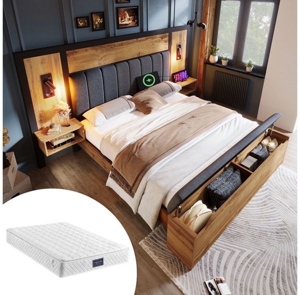 OKWISH Holzbett Bettgestell mit Lattenrost (Struraumbett, Doppelbett, Funktionsbett, 2-tlg, 160×200cm, mit Matratze (H20cm), mit Leselampe und USB/Type-C Nachttisch und Sitzbank mit Stauraum Bild 5