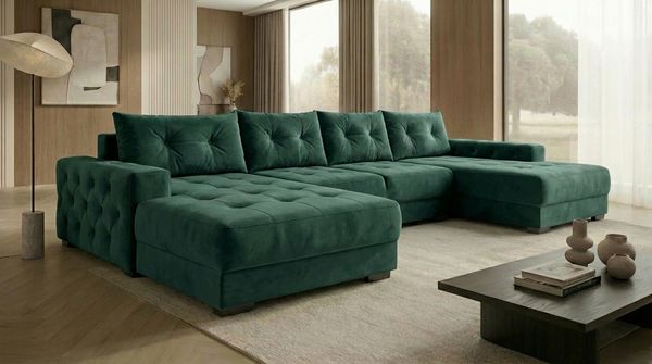 Ecksofa MODENA 320 cm x 185 cm – Stoff: VELUTTO Dunkelgrun 10 Farbe: Grün