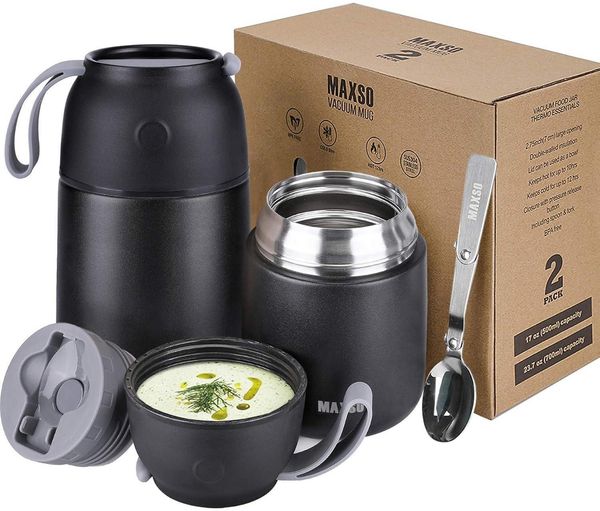 Thermobehälter Edelstahl 500ml 700ml Warmhaltebehälter faltbare Löffel Schwarz