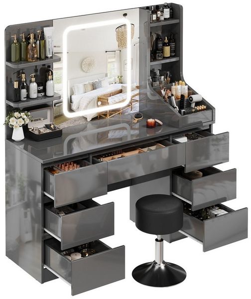 HOMALL Schminktisch Eingebaute LED-Beleuchtung, einstellbare Helligkeit, mit 7 Schubladen (GroBe 110*40*139cm Bestes Geschenk fur Ehefrau/Tochter ostern geschenke)