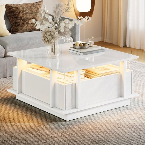 Merax Couchtisch hochglanz Sofatisch Beistelltisch mit LED-Beleuchtung (70×70×35cm, 1-St), Wohnzimmertisch mit 2 Schubladen & Transparente Acryl-Trennwand
