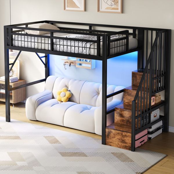 Hochbett mit RGB LED-Streifen, Lattenrost, Treppe, Regal, Rausfallschutz, 90x200cm, Kinderbett, Metallbett, Jugendbett