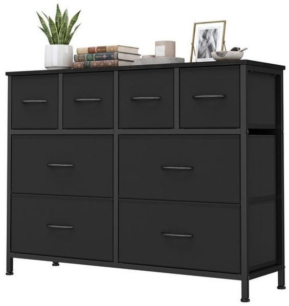 SONGMICS Kommode mit 8 Stoffschubladen, Aufbewahrungsschrank mit Metallrahmen, 98,7 x 30 x 74,7 cm, Schwarz