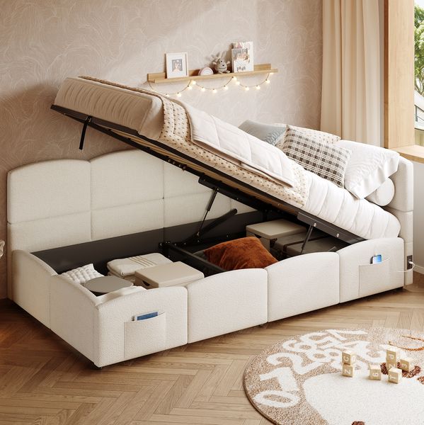 Schlafsofa 90x200 cm mit Stauraum, USB-A/USB-C und Stautaschen – Polsterbett aus Bouclé in Beige