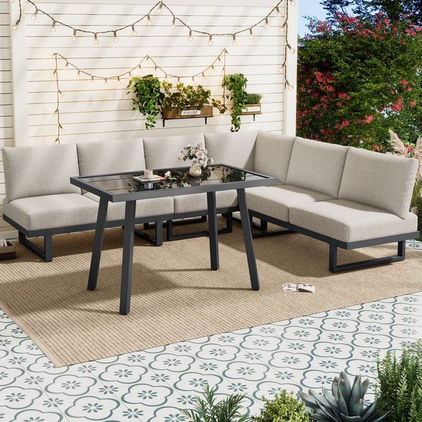 Celya Gartenlounge-Set Gartenlounges Balkon, Gartenmöbel Lounge Set mit Ecksofa, (Ecksofa, Outdoor-Relaxbett, Esstisch, Kann in ein Liegebett umgewandelt werden, verzinkter Stahl, Grau), Ecksofa, Outdoor-Relaxbett, Esstisch