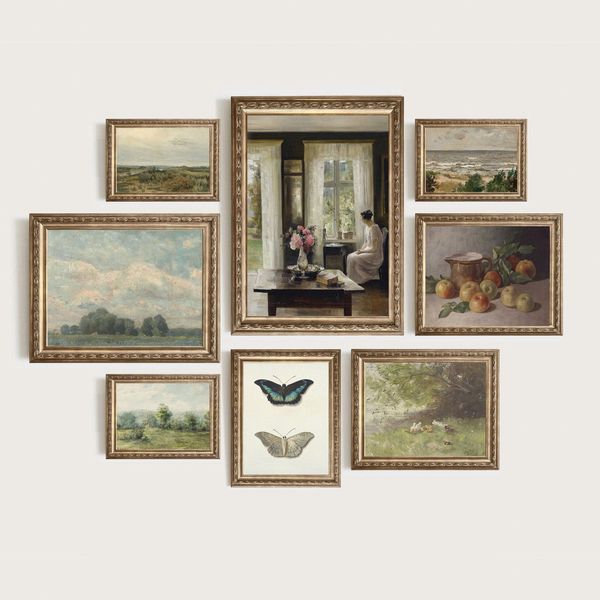 Poster Vintage Frühling Landschaft Blick in den Garten Äpfel und Schmetterlinge als Deko Print ohne Rahmen - 50 x 70 cm / A