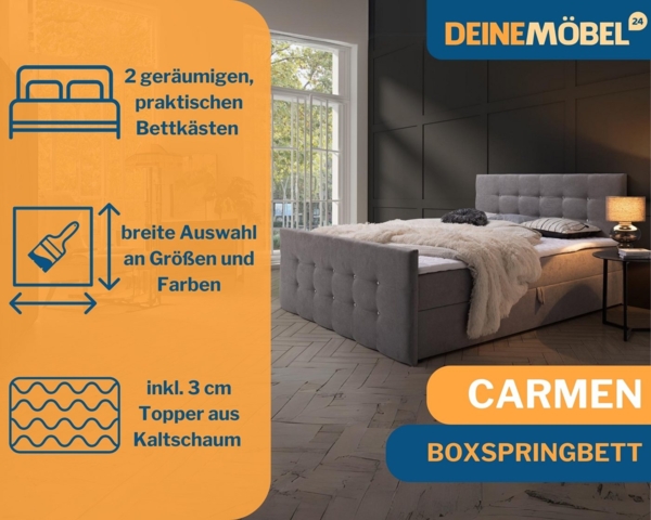 Deine Möbel 24 Boxspringbett CARMEN Boxbett Schlafzimmerbett Ehebett inkl. Bettkästen in Stoff (Polsterbett Komplettbett mit Bonnelfederkern-Matratzen H3, 3-St, inkl. Topper und Bettkästen), mit Topper 140x200 160x200 180x200 200x200 cm Bild 3