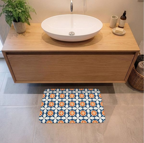 OnlyWow Badematte Traditionell - Kacheln - Orange, Höhe 10 mm, Polyester, Rechteckig, Badezimmerteppich, Badteppich, Rutschfest, Badvorleger, Waschbar