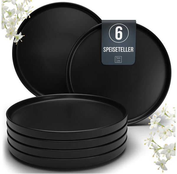 PURE LIVING INTERIOR DESIGN Geschirr-Set Pure Living Speiseteller 6er 26cm »Manhattan«, Steingut Schwarz, 6 Personen, Steingut, Urbanes Matt-Schwarz Design, Klare moderne Formen, Massives Steingut …