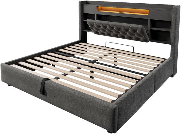 Merax Polsterbett 140x190cm mit Hydraulischem Bettkasten & LED Beleuchtung, Bettgestell mit USB/Type-C Ladefunktion, Kopfteil mit Regal & Stauraum, Leinenstoff, Grau Bild 9