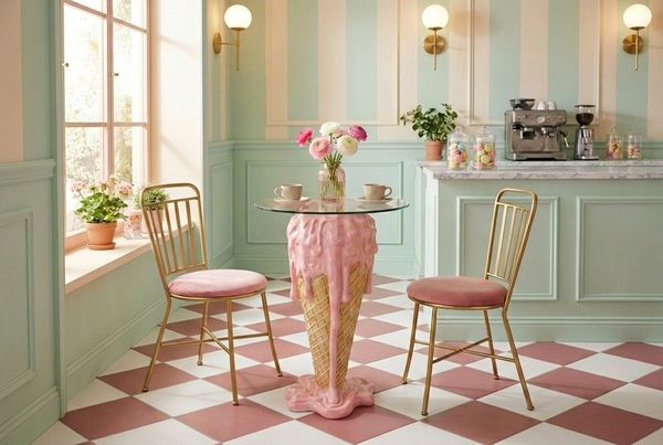 riess-ambiente Bistrotisch ICE CREAM 105cm beige/rosa- Glas, Eiswaffel, handgemacht, rund, modern (Einzelartikel, 1-St), Pop-Art Bartisch - ideal für Küche, Essbereich od. kleine Sitznischen