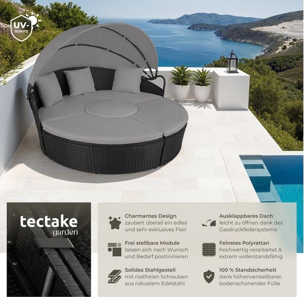 tectake Loungeset Rattan Sonneninsel Santorin - UV-beständig und widerstandsfähig, (Gartenlounge-set Santorin, 5-tlg, geeignet für Outdoor in Schwarz), klappbares Sonnendach & höhenverstellbare Füße
