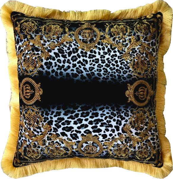 Harald Glööckler Luxus Kissen Pompöös by Casa Padrino Kronen / Leopard / Gold - Feinster Samtstoff - Glööckler Deko Kissen mit Strass Steinen