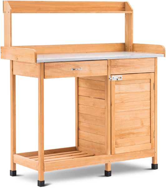 MCombo Pflanztisch Gärtnertisch Blumentisch 0440D, mit verzinkt Arbeitsplatte Schublade Unterschrank, Wetterfest, Holz, natur