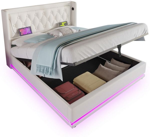 REDOM Polsterbett Jugendbett Bett Stauraumbett gepolsteres Bettgestell USB-Ladeanschluss (Stahlrahmen mit Hydraulisch anhebbarer Bettstauraum Holz-Lattenrost, 1-tlg, Kunstleder Doppelbett mit USB Typ-C Anschluss 180x200 cm Ohne Matratze), 3-seitige Far...
