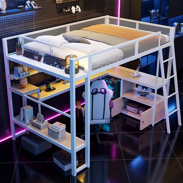 Merax Kinderbett 140 x 200 cm Jugendbett, Metall-Gaming-Hochbett mit integriertem Arbeitsplatz, LED-Beleuchtung und viel Stauraum, Weiß