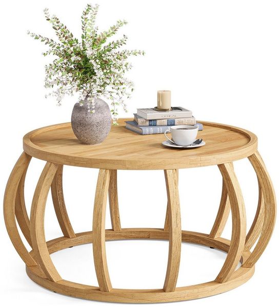 Tribesigns Couchtisch aus Massivholz, 80 cm Rund Wohnzimmertisch mit Gebogenem Rahmensockel