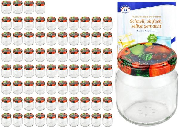 MamboCat Einmachglas 75er Set Rundglas 212 ml nieder To 66 Obst Dekor Deckel, Glas