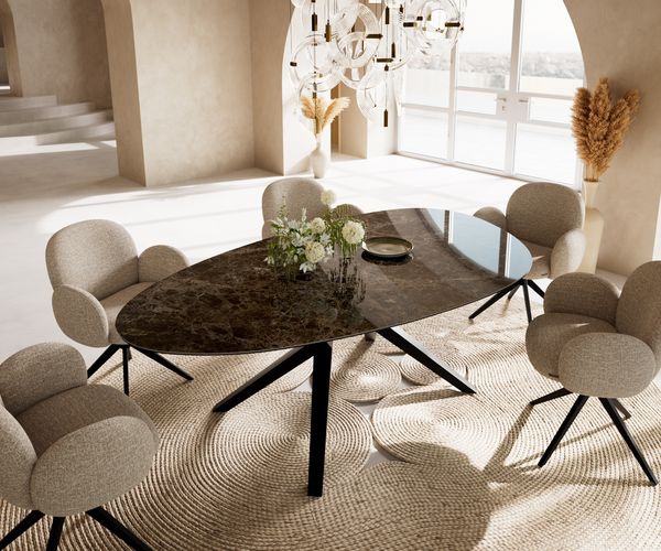 Esstisch Edge Oval 220x120 Keramik Emperador Extra Lucidato Dunkelbraun Zenthara kantig Metall Schwarz