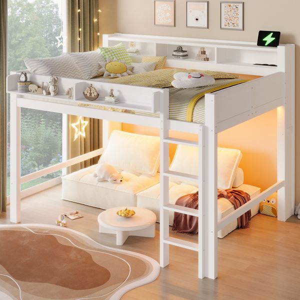 Hochbett mit RGB LED-Beleuchtung, Lattenrost, Regal, Schrank, Trittleiter, Rausfallschutz, USB und Type-C, 140x200 cm, Kinderbett, Kiefer