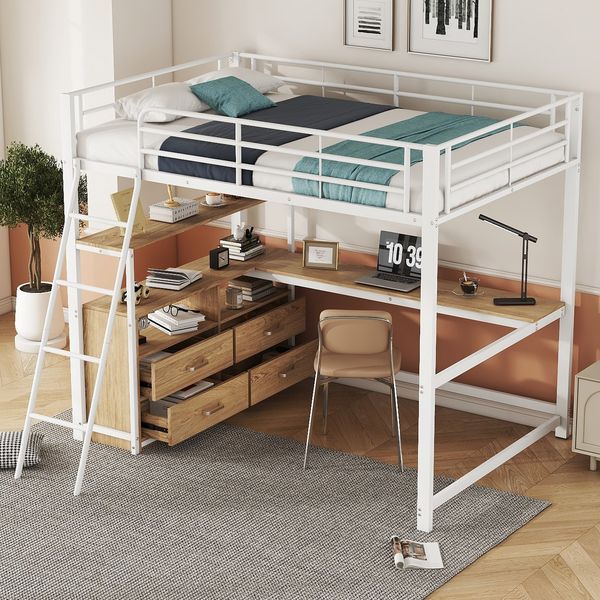 Hochbett, 140*200cm , Eisenrahmenbett, praktische Schubladen, stilvoller L-förmiger Schreibtisch, Laminatdesign, Ohne Matratze, Weiß