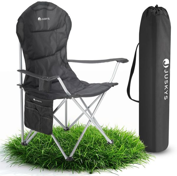 Juskys Campingstuhl Lido mit Getränkehalter & Tasche - Camping Klappstuhl gepolstert - Faltstuhl Angelstuhl Strandstuhl Chair - Stuhl Schwarz