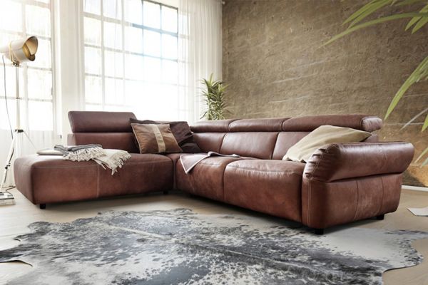 KAWOLA Sofa RISO Ecksofa mit motorischer Sitztiefenverstellung Leder braun Recamiere links 81 x 240 x 263 cm