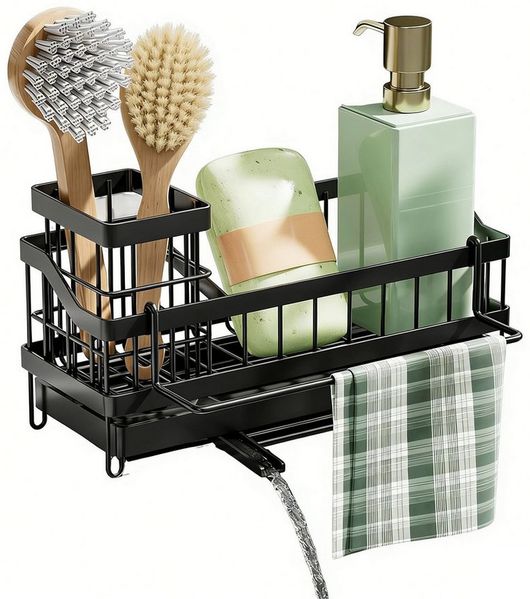 HEYHIPPO Küchenregal Wand- und Stand-Spülbeckenhalter Schwarz, abtropfend, ohne Bohren, Spülbecken-Organizer 24.5×9×13cm mit Abtropffläche & Löchern, flexibel