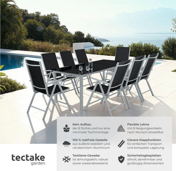 tectake Essgruppe Aluminium Sitzgruppe, (Set, 9-tlg), Klappbare, platzsparende und komfortable Sitzstühle