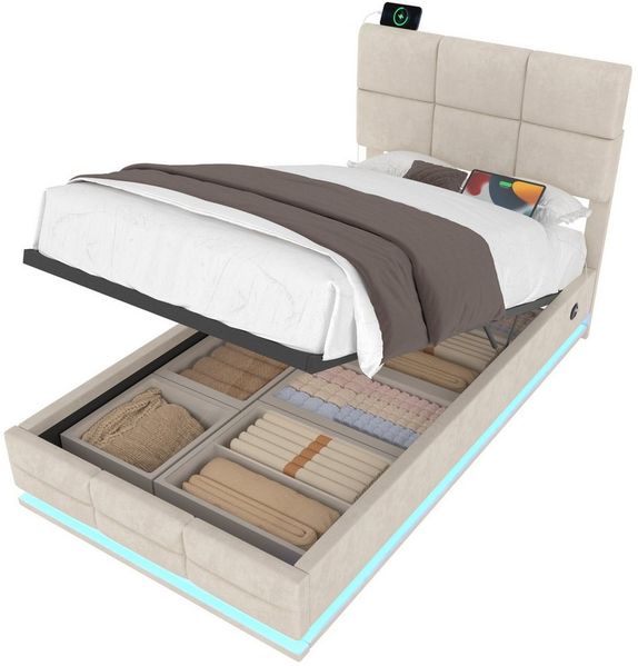 OKWISH Polsterbett Stauraumbett Funktionsbett (mit hydraulischem Stauraum & LED – höhenverstellbares Kopfteil + USB/Type-C, 90x200 cm), ohne Matratze