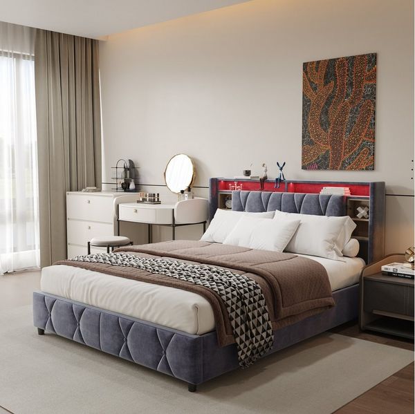 Furnishings Home Stauraumbett LED Beleuchtung Ladefunktion hydraulisches Doppelbett (1-tlg), 2 USB + 1 TYPE-C + 1 Steckdose,140x200 cm, Samt