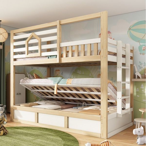 Flieks Etagenbett, Haus-Design Kinderbett 90x200 cm mit Hydraulik-Unterbett und Leiter