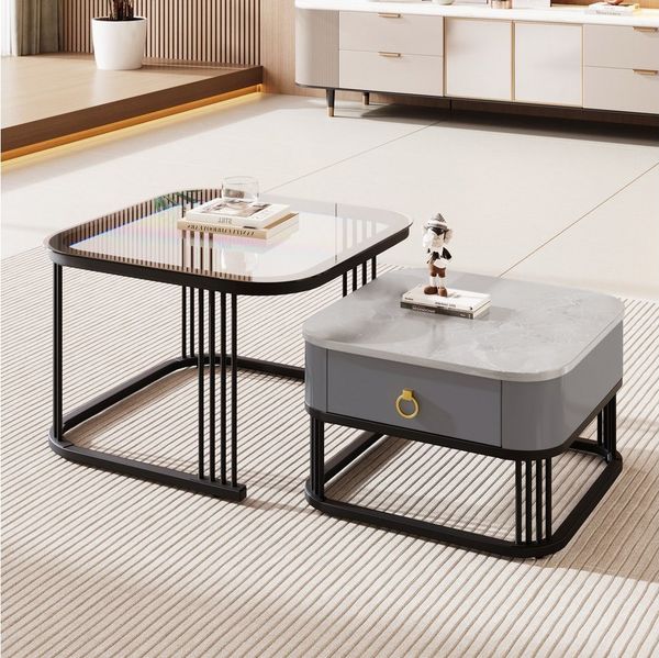 Furnishings Home Couchtisch Hochglänzende Marmoroptik und Glasplatte mit Schubladen im 2er-Set, Schwarzem Metallrahmen Tisches beträgt 60*60*42cm 50*50*34 cm