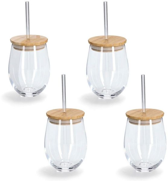 Zeller Present Gläser-Set, 4-tlg, Bambus, Glas, Silikon, 4-teilig, inkl. Trinkhalm, 500 ml