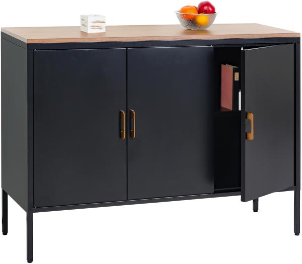 Kommode HWC-L84, Sideboard Schrank Anrichte, 3 Türen Metall 90x120x40cm, Melamin beschichtet ~ schwarz
