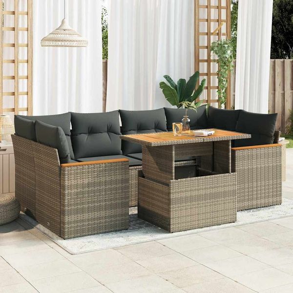 vidaXL 6-tlg. Garten-Sofagarnitur mit Kissen Grau Poly Rattan Akazie 3327455