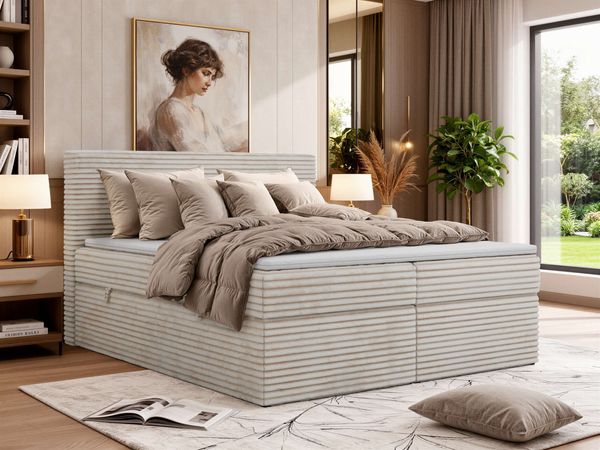 Boxspringbett mit Bettkasten TILION, Bett 140 x 200 cm mit 7-Zonen-Multipocket-Kern H3, Cord Boxspringbett, Polsterbett, Topper Visco - Beige Cord