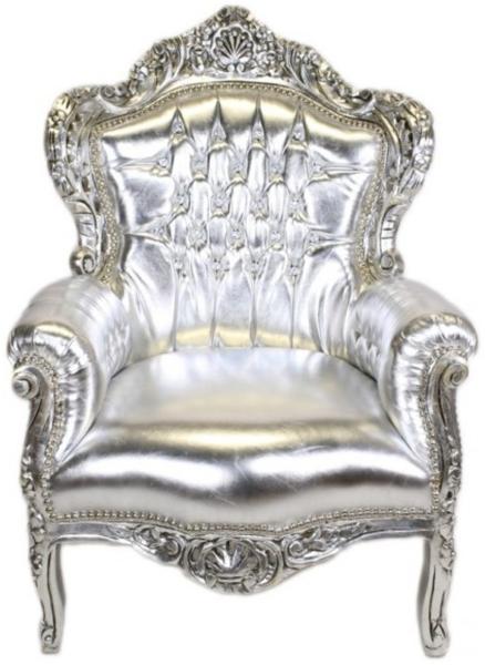 Casa Padrino Barock Sessel "King" Silber / Silber Lederoptik mit Bling Bling Glitzersteinen